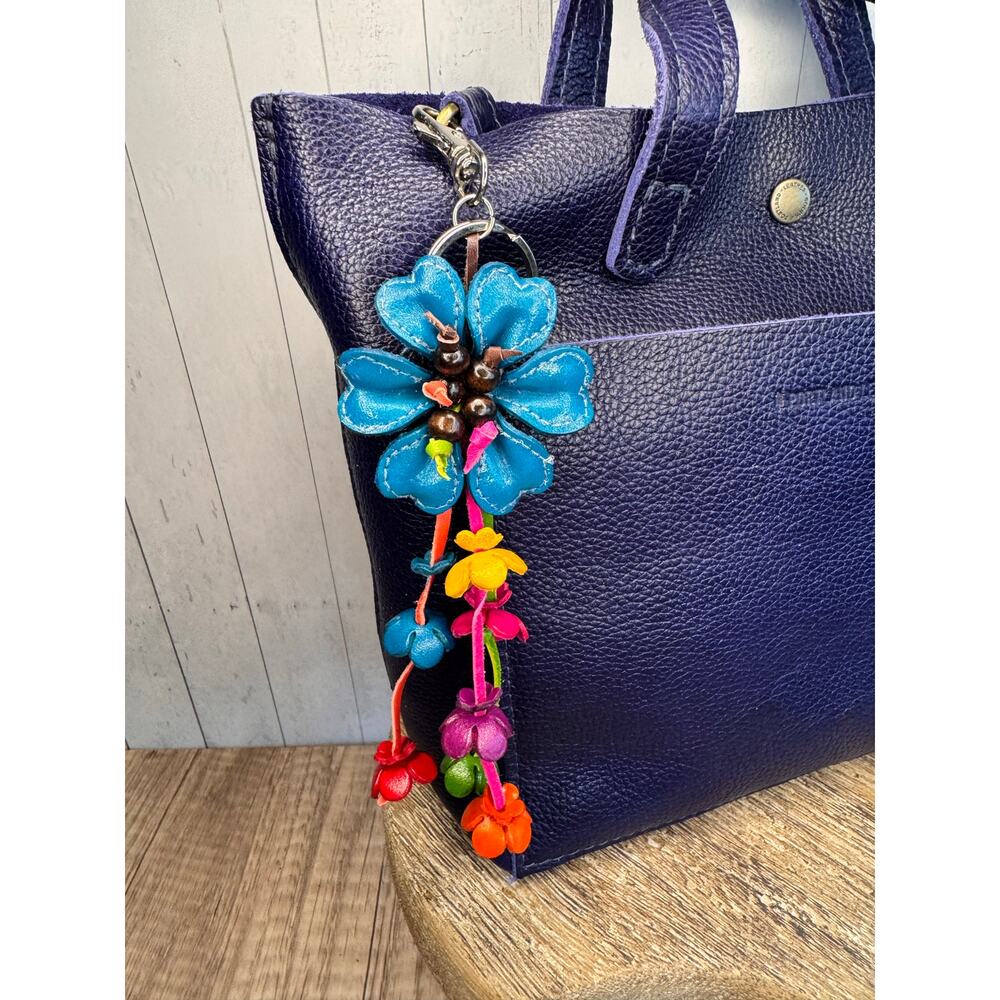 Bright Blue Daisy Flower Leather Bag Charm Genuine Leather Purse Charm Flowers